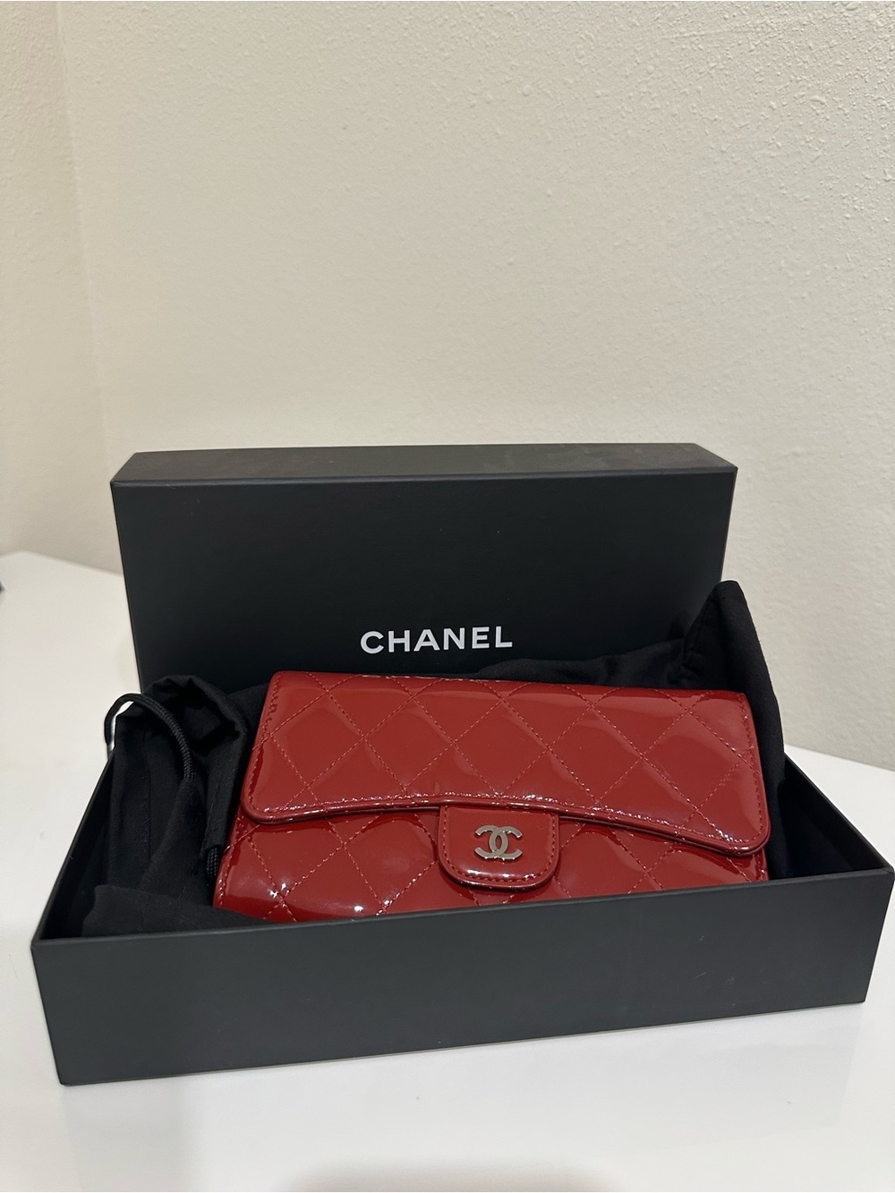 Chanel Quilted Red Patent Leather CC Logo Long Wallet with Box & Dust Bag
